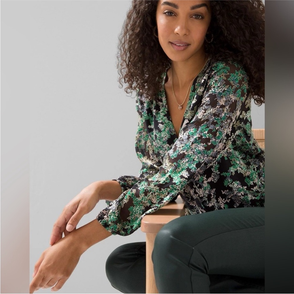 White House Black Market Leaf Floral Wrap Blouse with Green Accents XXSP